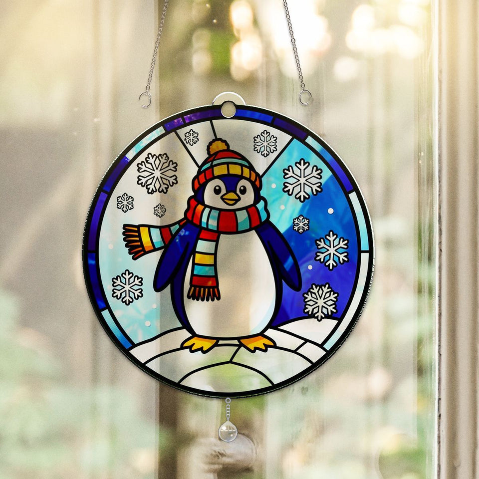 Winter Penguin Scarf Circle Acrylic Suncatcher with teardrop crystal