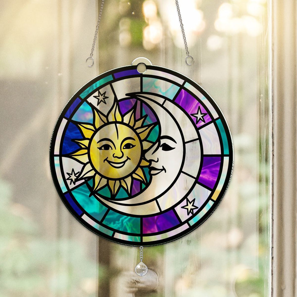 Sun Moon Celestial Circle Acrylic Suncatcher with teardrop crystal