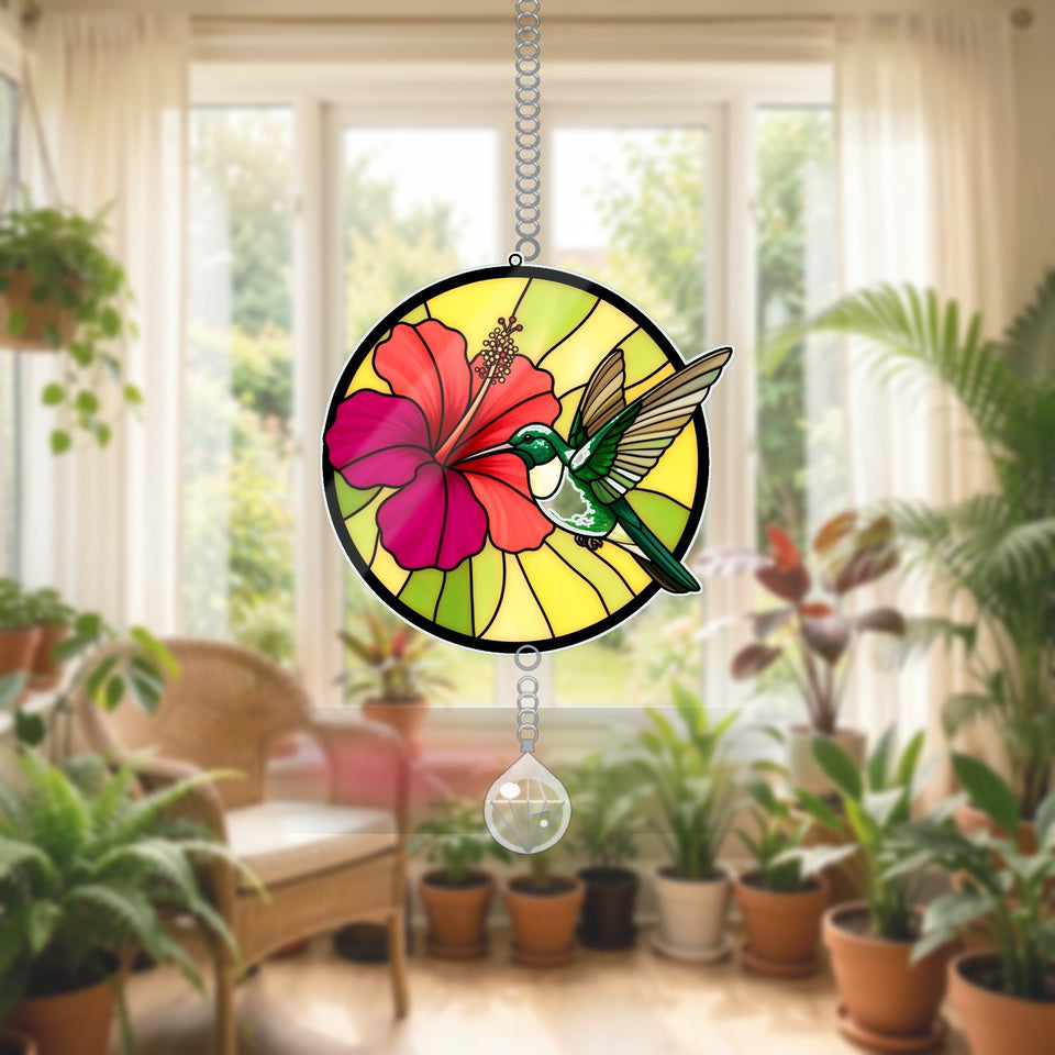 Hummingbird Hibiscus Circle Acrylic Suncatcher with teardrop crystal