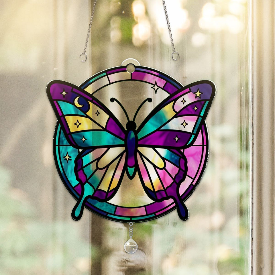 Celestial Butterfly Moon Circle Acrylic Suncatcher with teardrop crystal