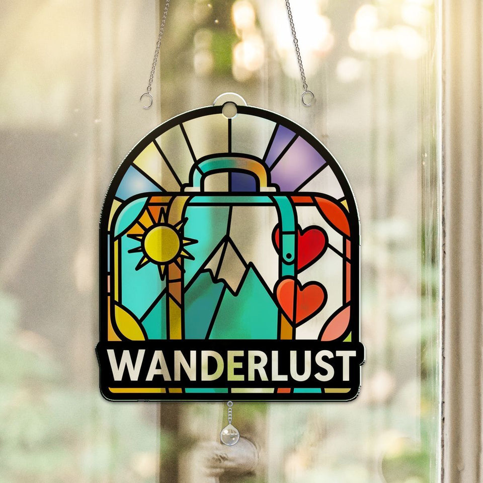 Vintage Suitcase Wanderlust Arch Acrylic Suncatcher with teardrop crystal