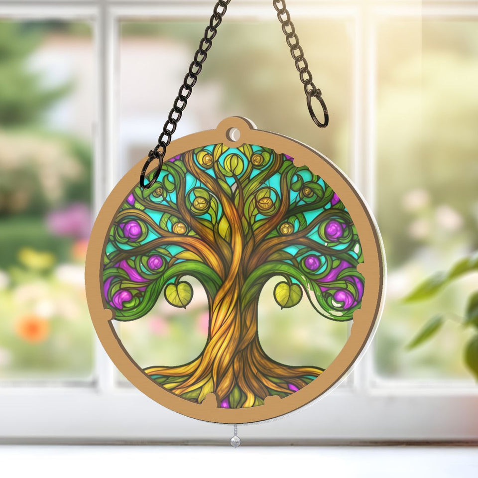 Tree of Life Memorial Circle Window Hanging Suncatcher with teardrop crystal