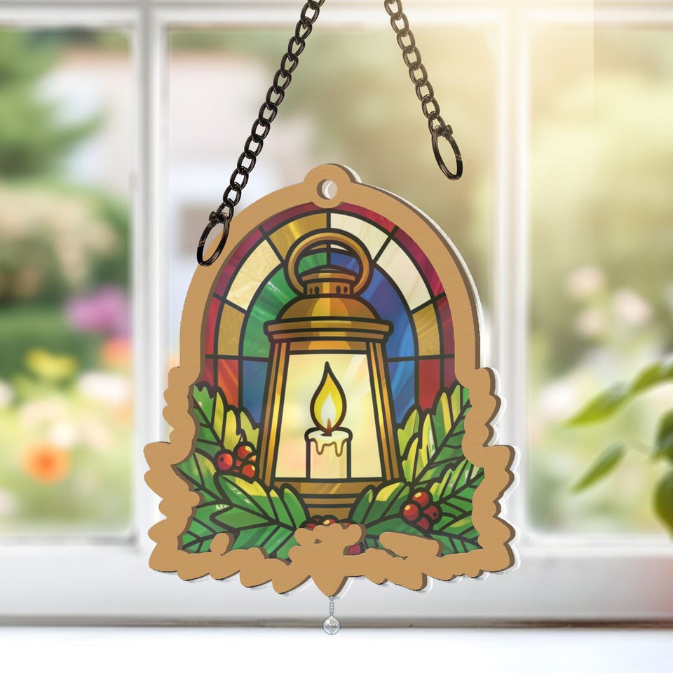 Holiday Lantern Evergreen Arch Window Hanging Suncatcher with teardrop crystal