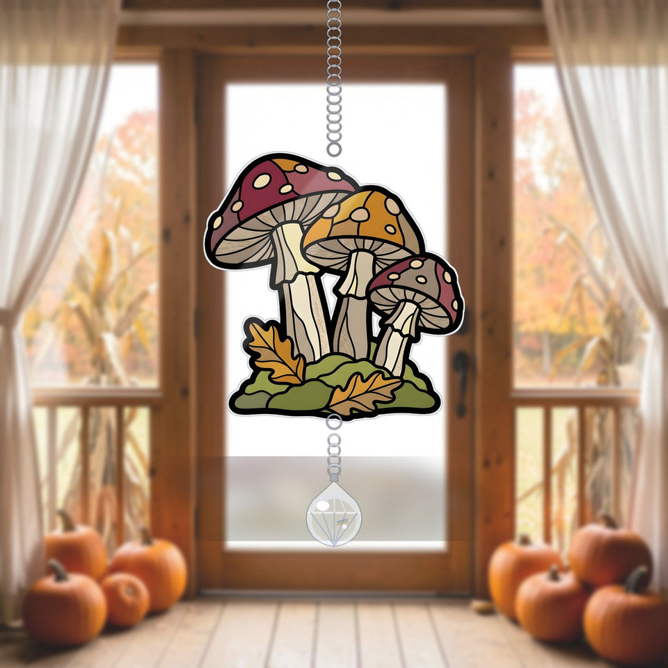 Autumn Mushroom Cluster Acrylic Suncatcher with teardrop crystal