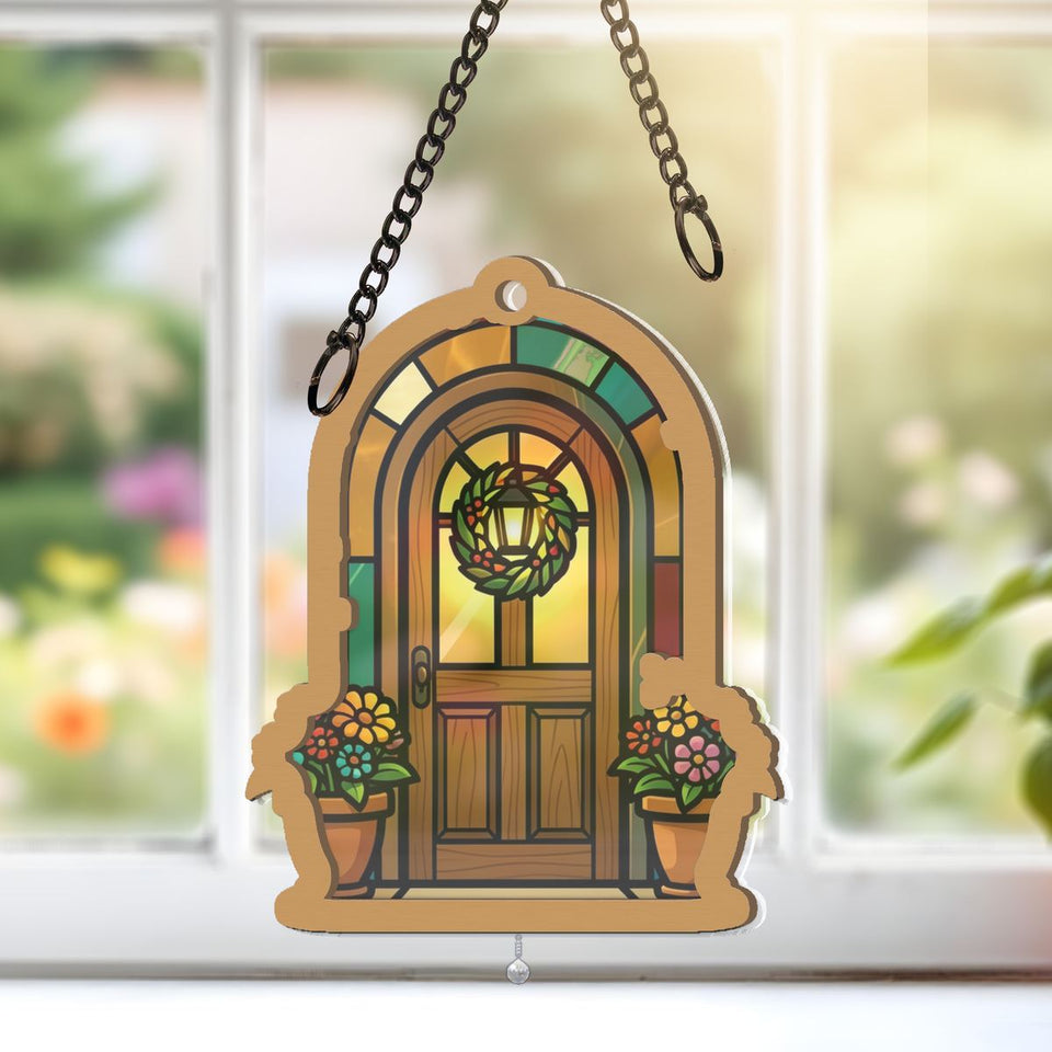 Cozy Cottage Door Arch Window Hanging Suncatcher with teardrop crystal