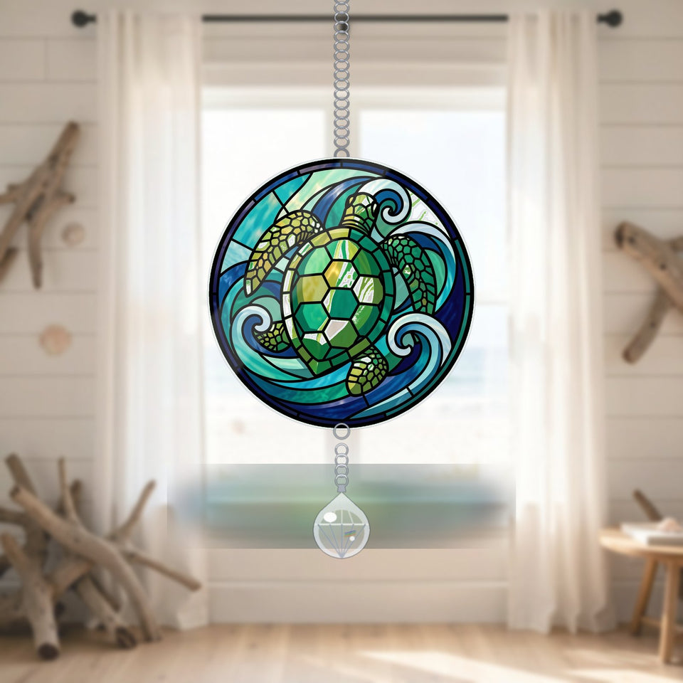 Sea Turtle Wave Circle Acrylic Suncatcher with teardrop crystal