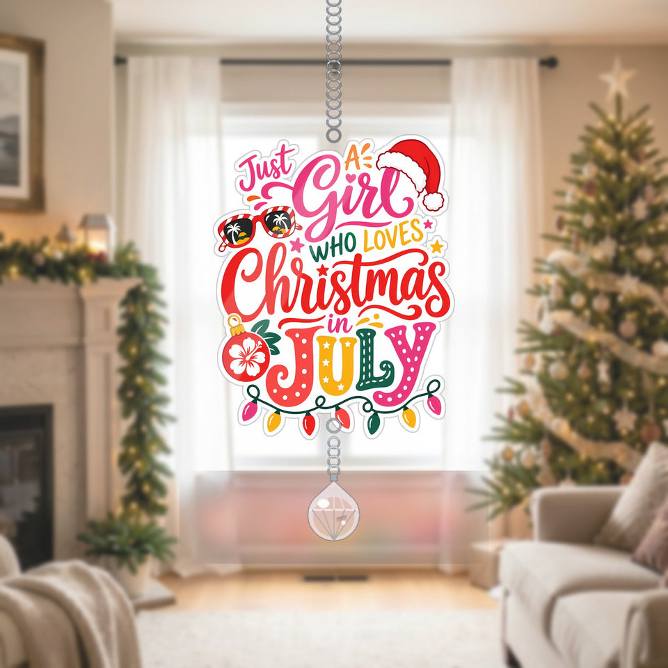 Christmas in July Girl Acrylic Suncatcher with teardrop crystal