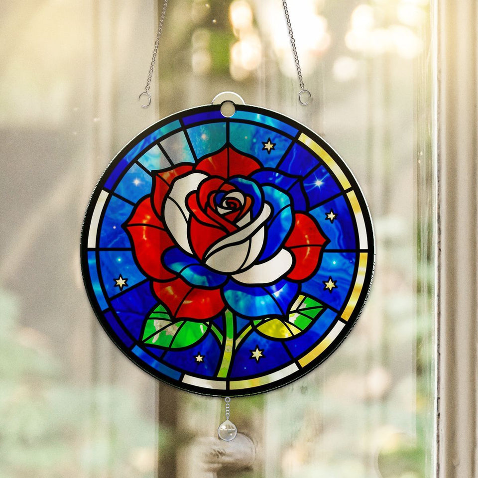 Old Glory Rose Circle Acrylic Suncatcher with teardrop crystal