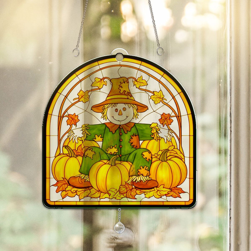 Scarecrow Pumpkin Patch Arch Acrylic Suncatcher with teardrop crystal
