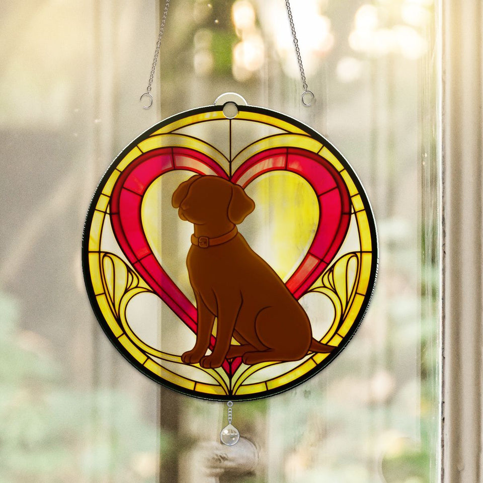 Loyal Dog Heart Circle Acrylic Suncatcher with teardrop crystal