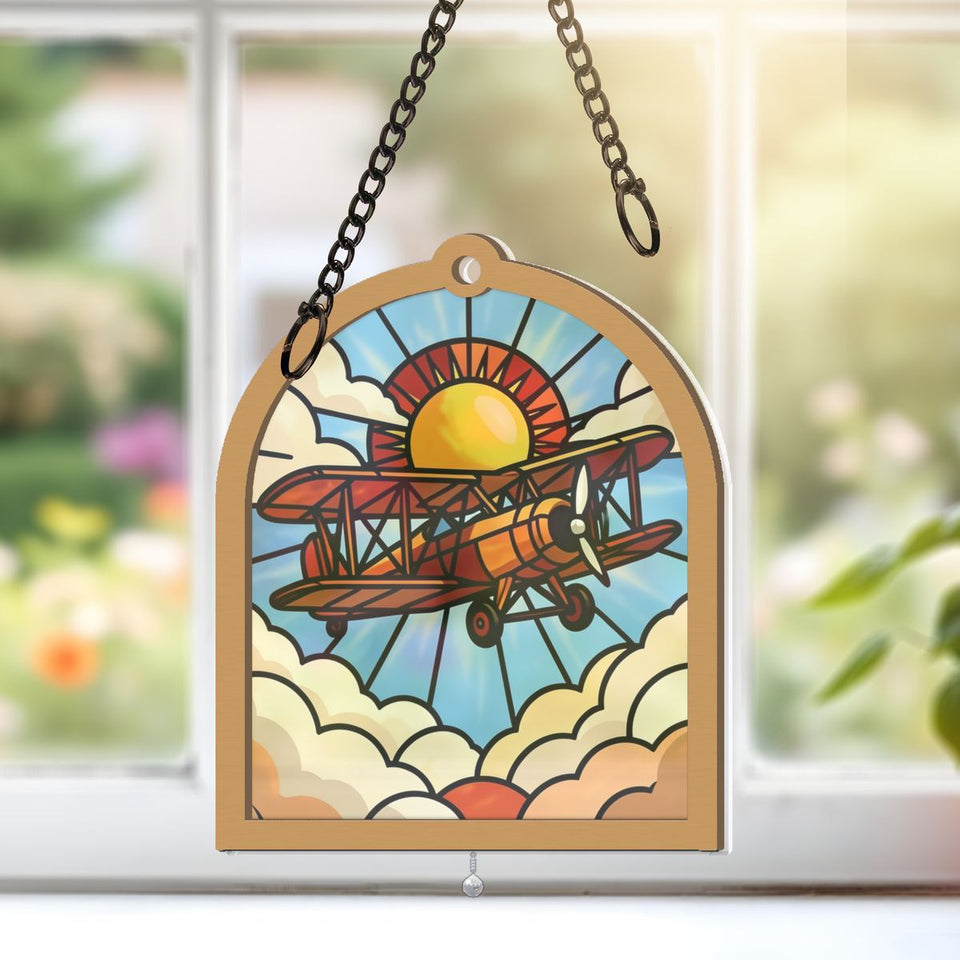 Vintage Biplane Clouds Arch Window Hanging Suncatcher with teardrop crystal