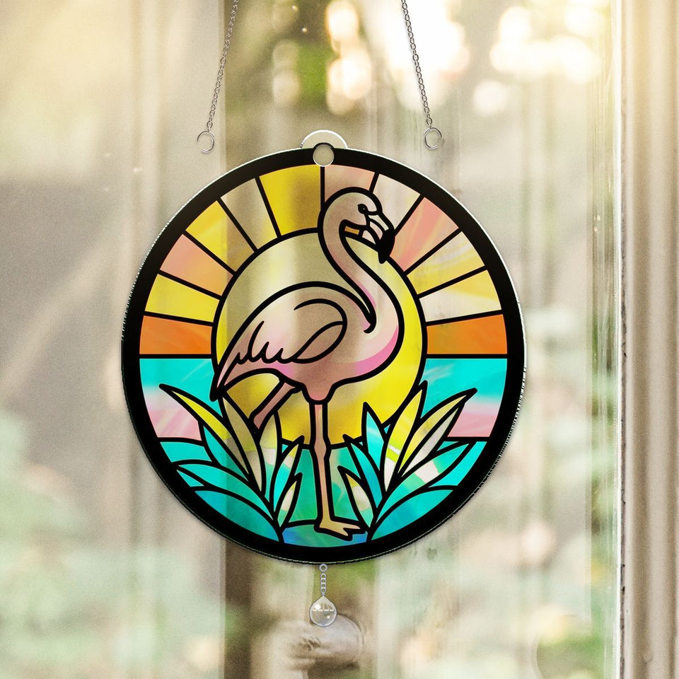 Pink Flamingo Sunset Circle Acrylic Suncatcher with teardrop crystal