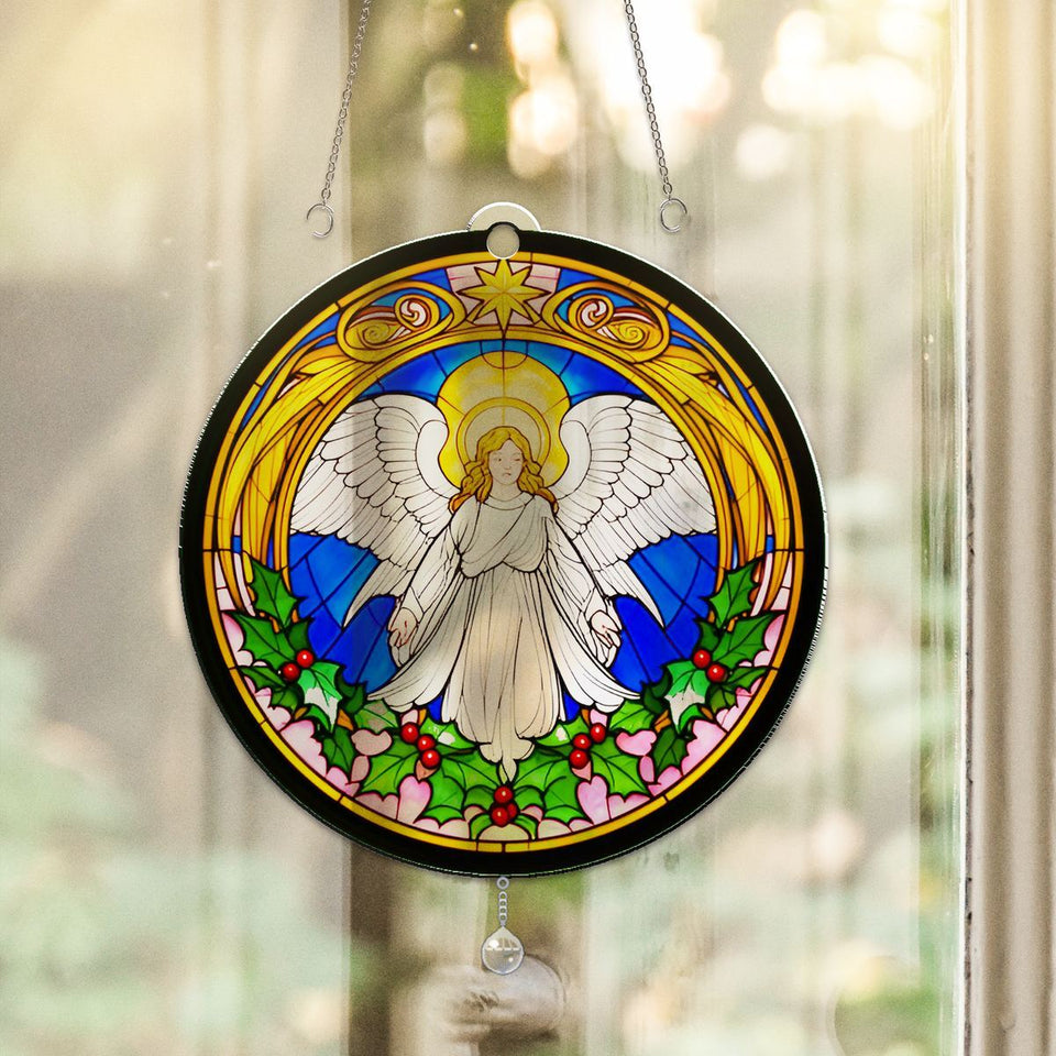 Christmas Angel Halo Circle Acrylic Suncatcher with teardrop crystal