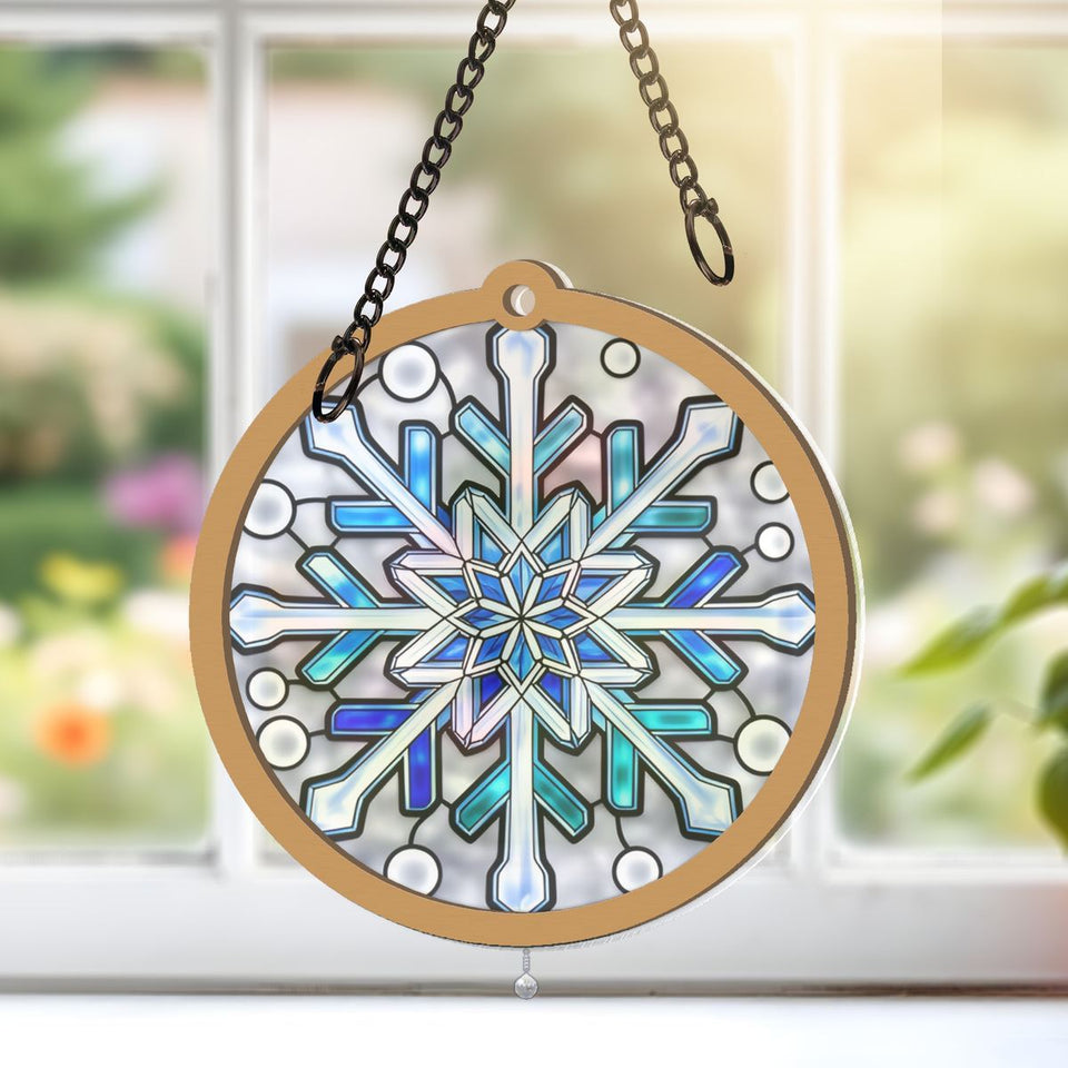 Frosted Snowflake Circle Window Hanging Suncatcher with teardrop crystal