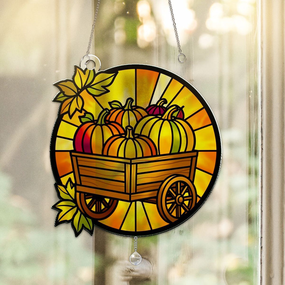 Autumn Pumpkin Cart Circle Acrylic Suncatcher with teardrop crystal