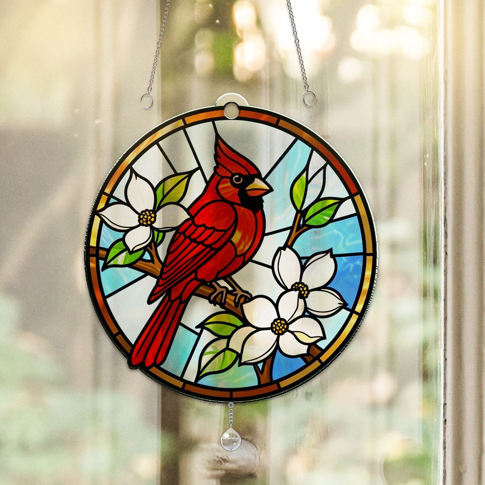 Cardinal Dogwood Circle Acrylic Suncatcher with teardrop crystal