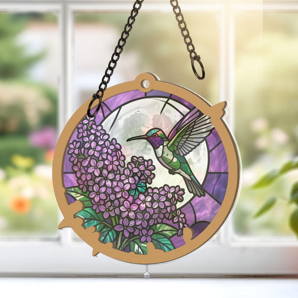 Hummingbird Lilac Moon Circle Window Hanging Suncatcher with teardrop crystal
