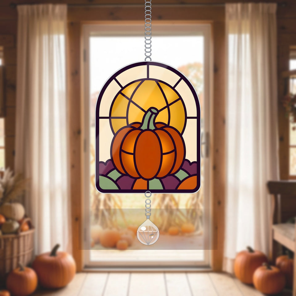 Harvest Moon Pumpkin Arch Acrylic Suncatcher with teardrop crystal
