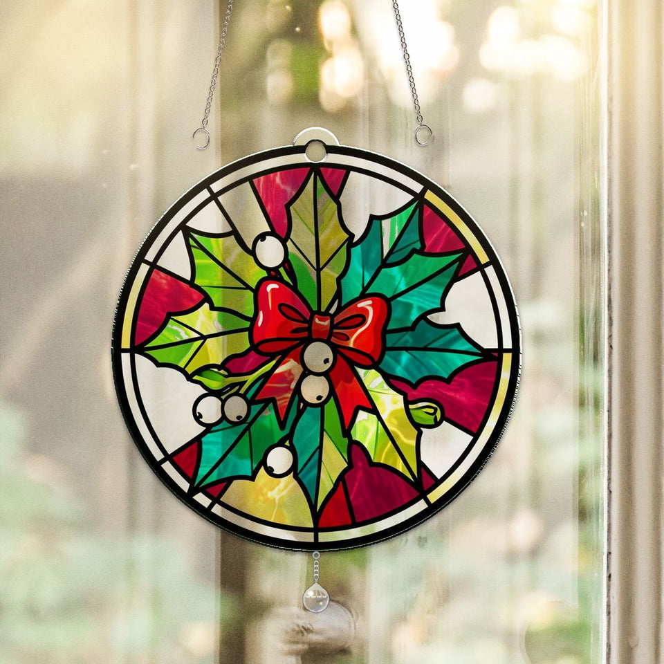 Mistletoe Bow Circle Acrylic Suncatcher with teardrop crystal