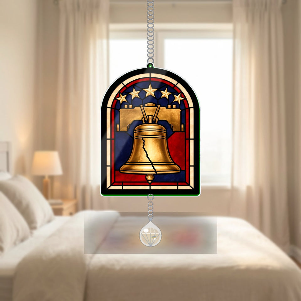 Liberty Bell Stars Arch Window Hanging Suncatcher with teardrop crystal