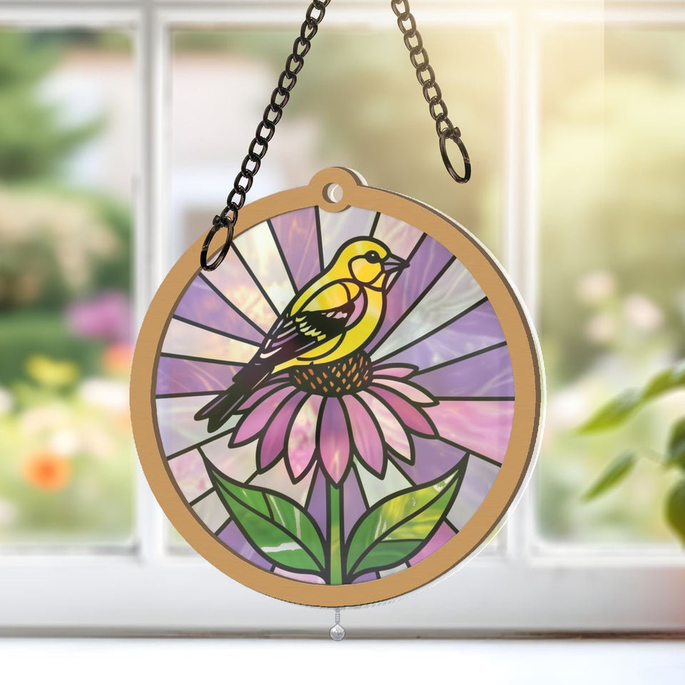 Goldfinch Coneflower Circle Window Hanging Suncatcher with teardrop crystal