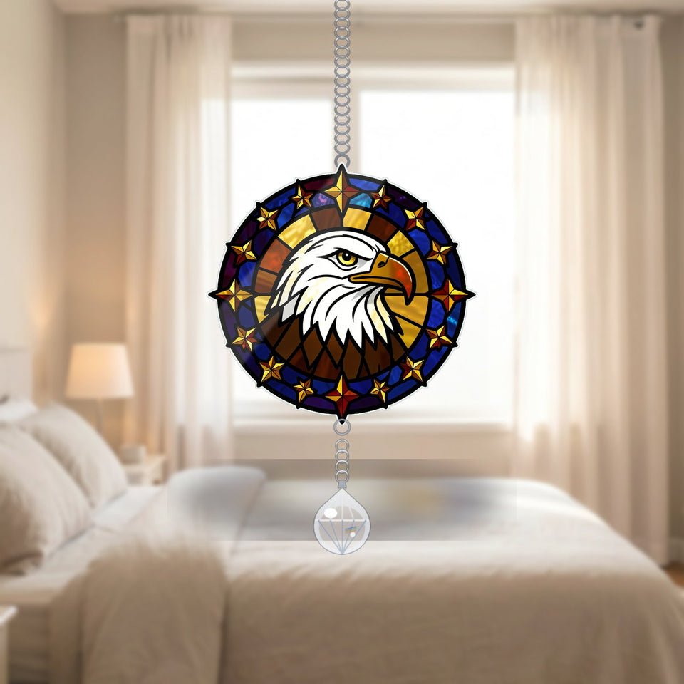 Bald Eagle Stars Circle Acrylic Suncatcher with teardrop crystal