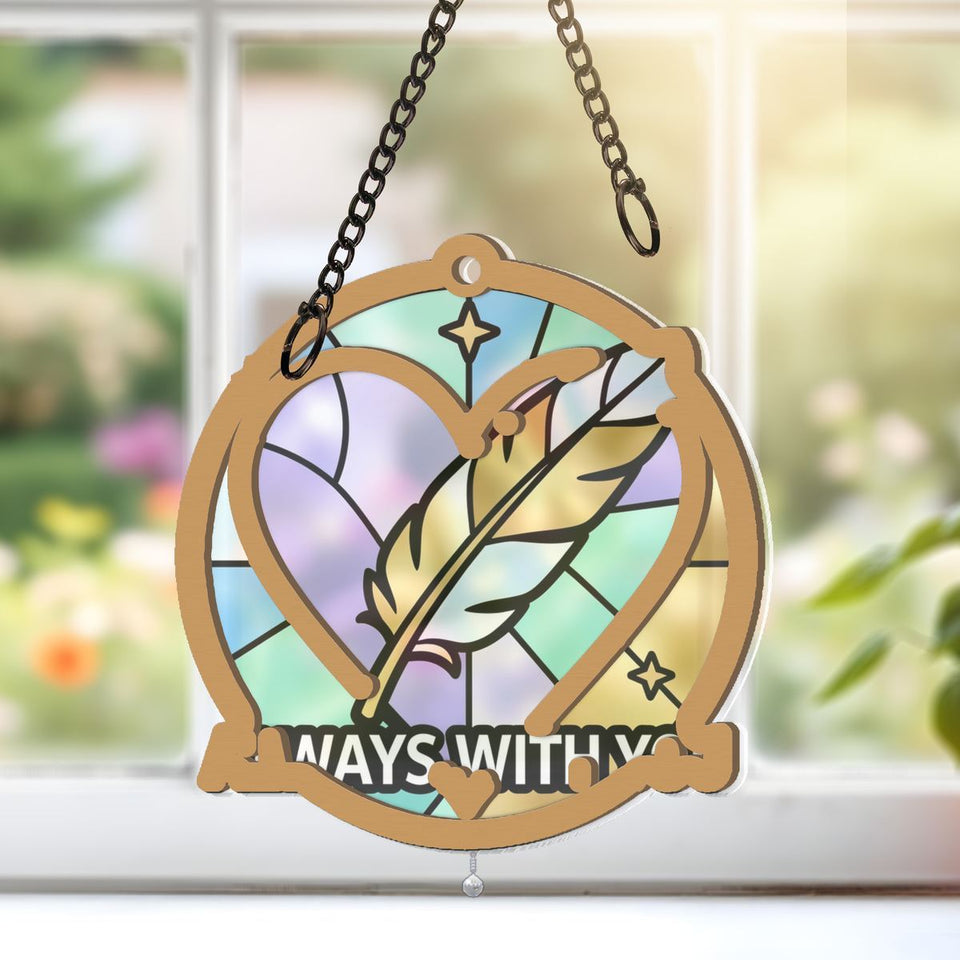 Feather Heart Remembrance Circle Window Hanging Suncatcher with teardrop crystal