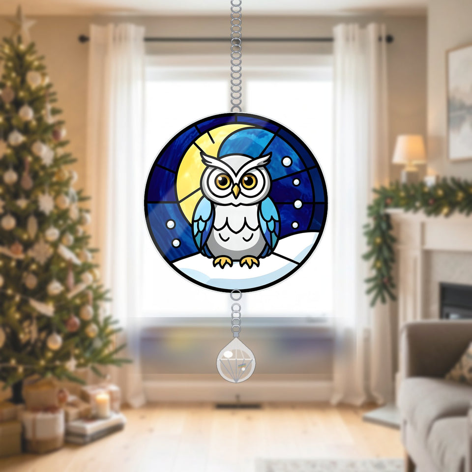 Snowy Owl Winter Moon Acrylic Suncatcher with teardrop crystal