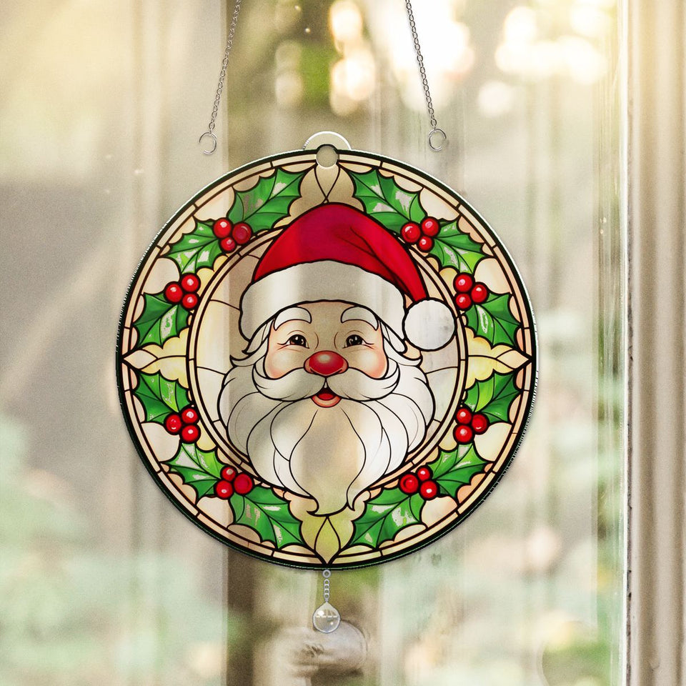 Santa Face Holly Circle Acrylic Suncatcher with teardrop crystal