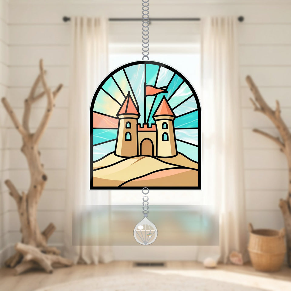 Sandcastle Beach Arch Acrylic Suncatcher with teardrop crystal
