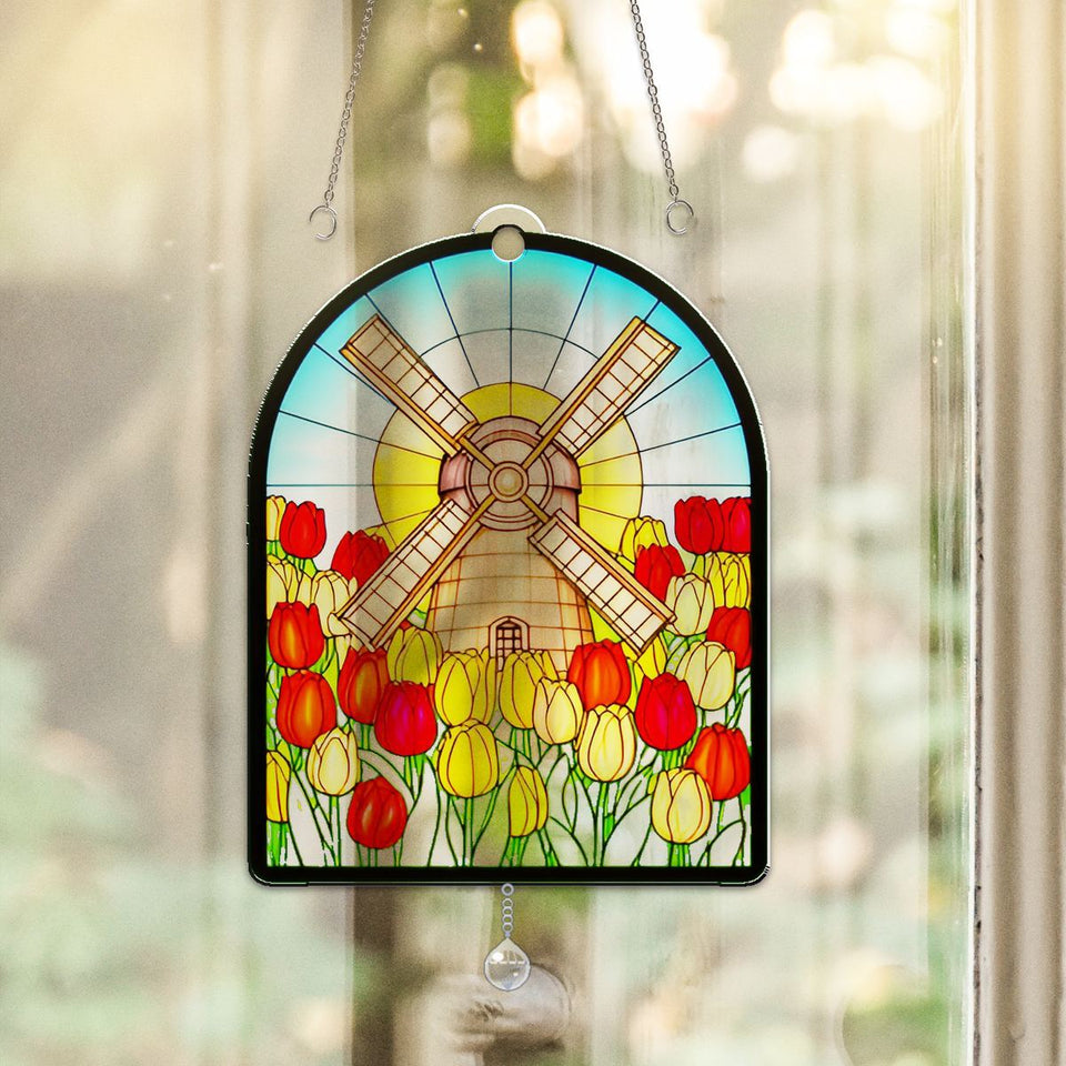 Tulip Windmill Arch Acrylic Suncatcher with teardrop crystal