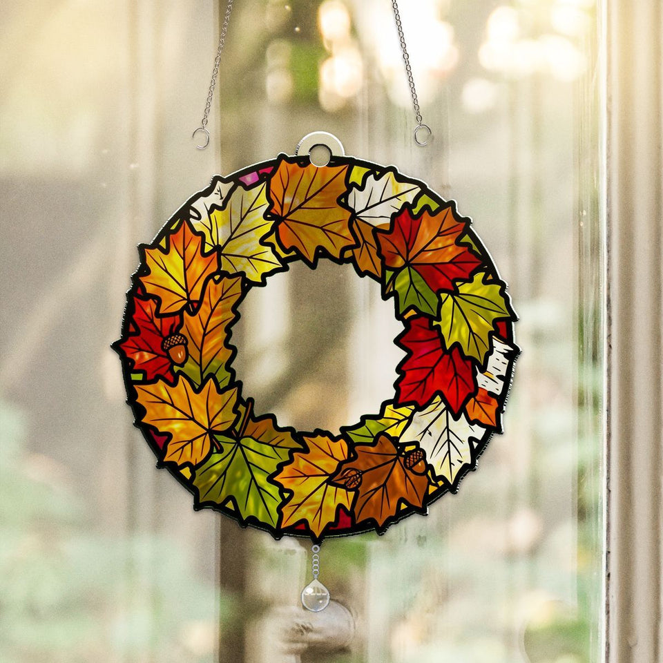 Fall Leaves Wreath Circle Acrylic Suncatcher with teardrop crystal