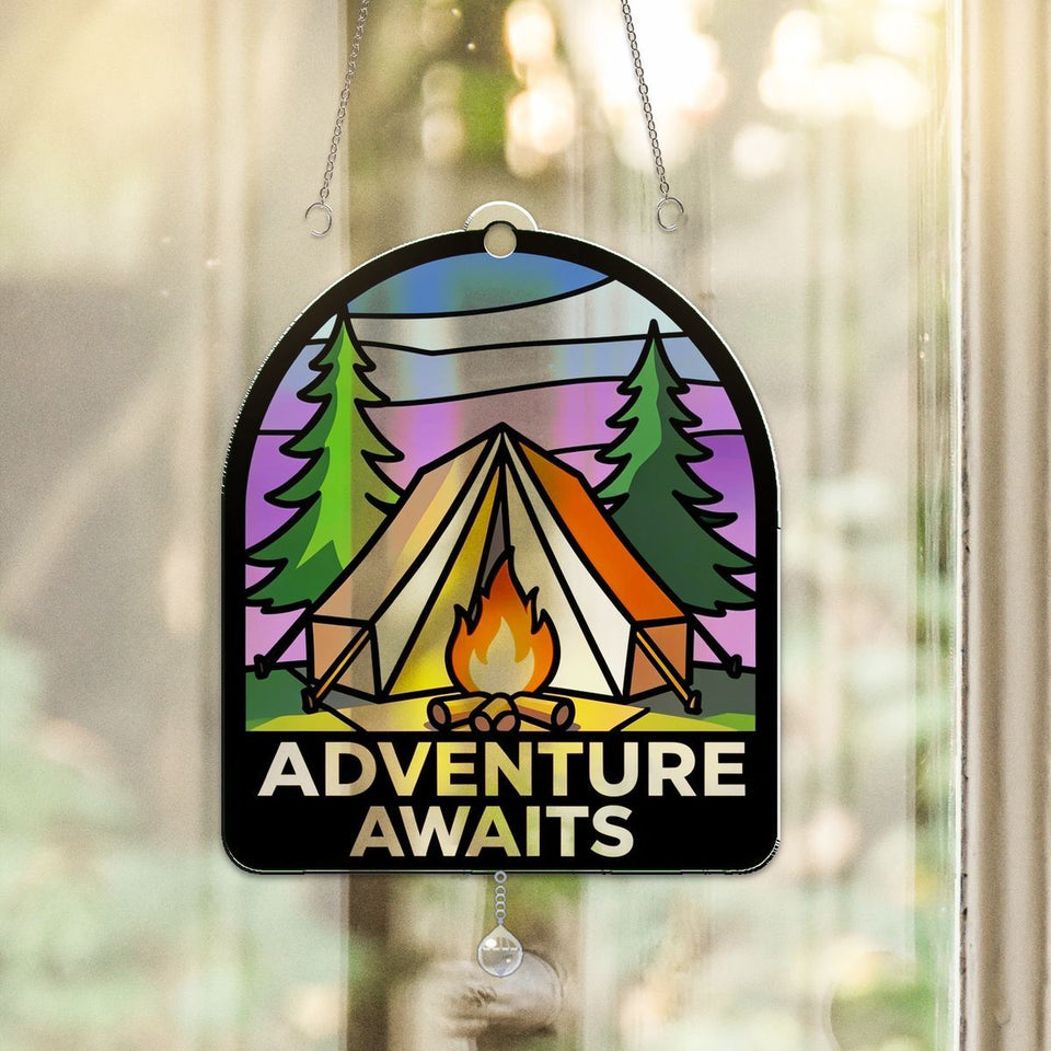 Camping Tent Campfire Arch Acrylic Suncatcher with teardrop crystal