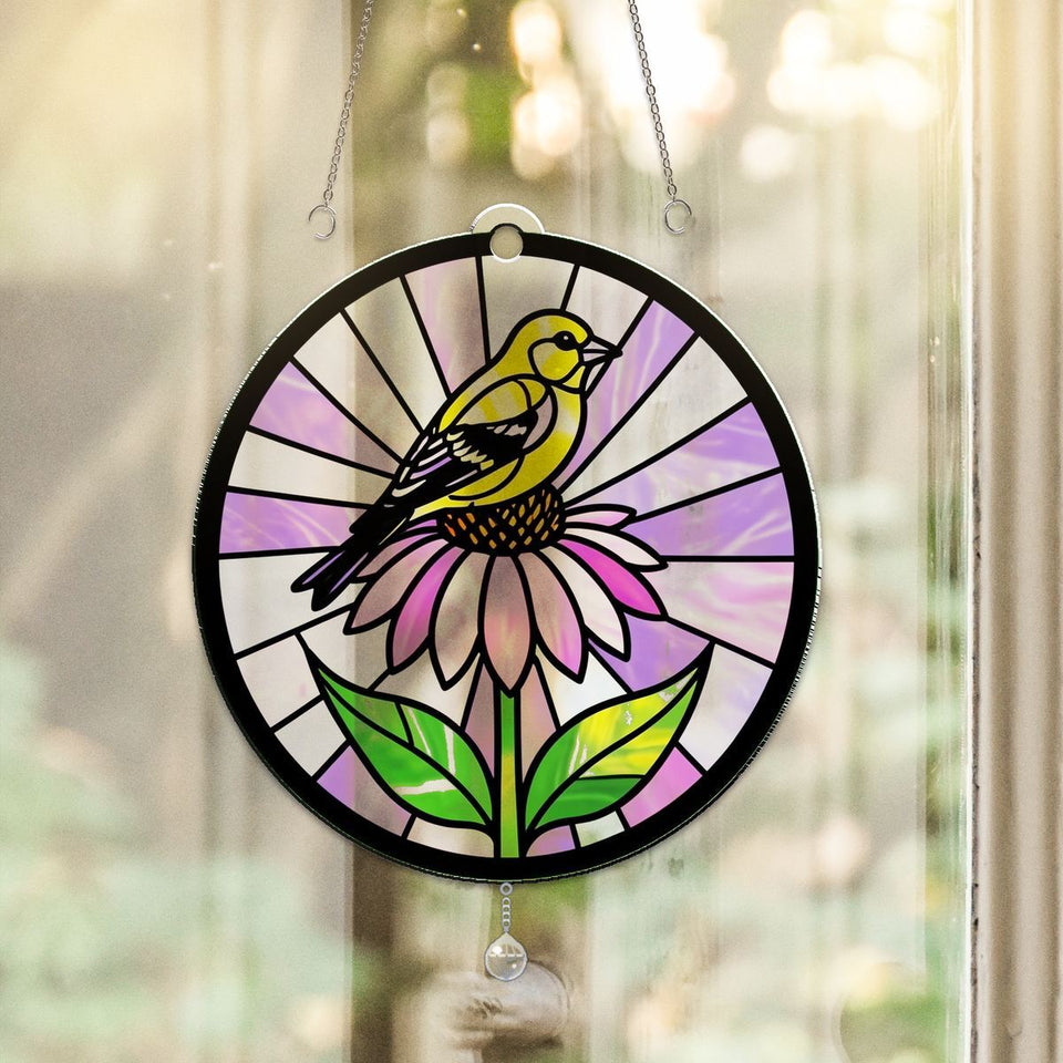 Goldfinch Coneflower Circle Acrylic Suncatcher with teardrop crystal