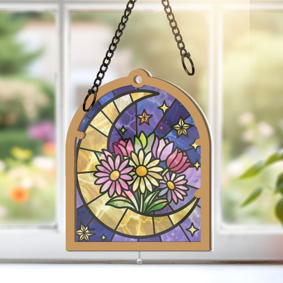 Crescent Moon Wildflowers Arch Window Hanging Suncatcher with teardrop crystal