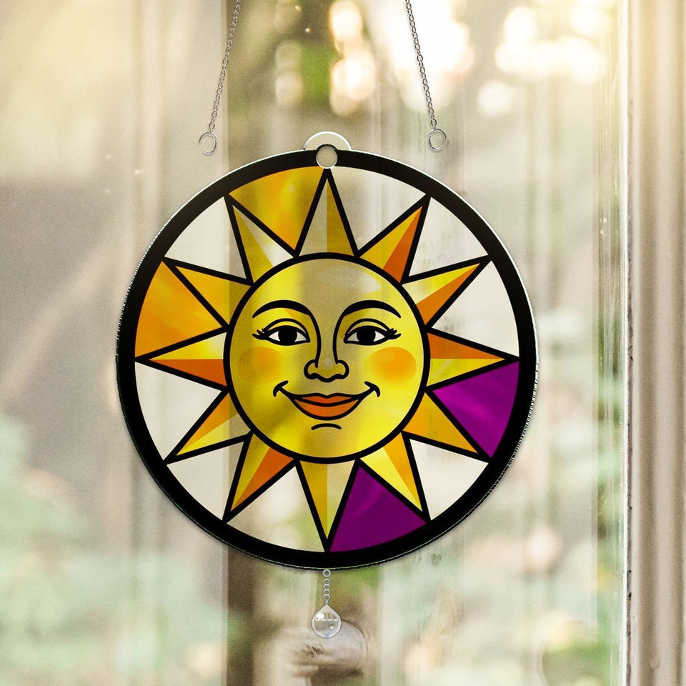 Radiant Sun Face Circle Acrylic Suncatcher with teardrop crystal