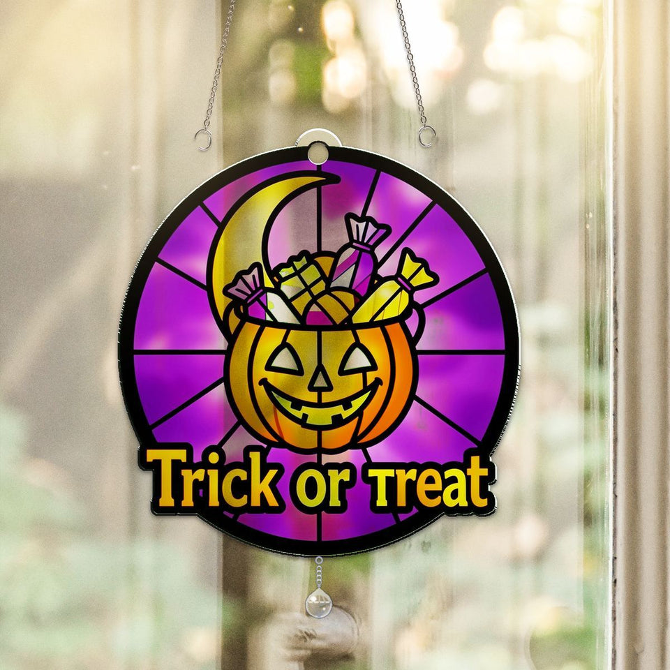 Trick Or Treat Pail Circle Acrylic Suncatcher with teardrop crystal