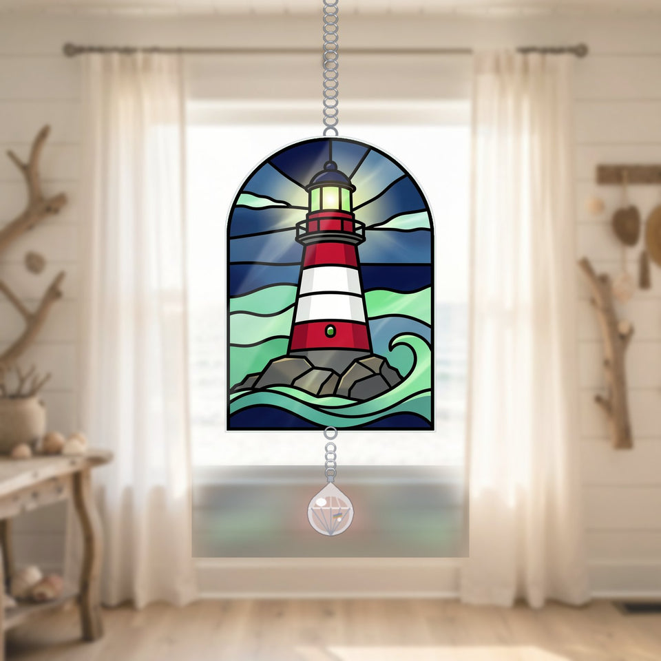 Lighthouse Ocean Arch Acrylic Suncatcher with teardrop crystal
