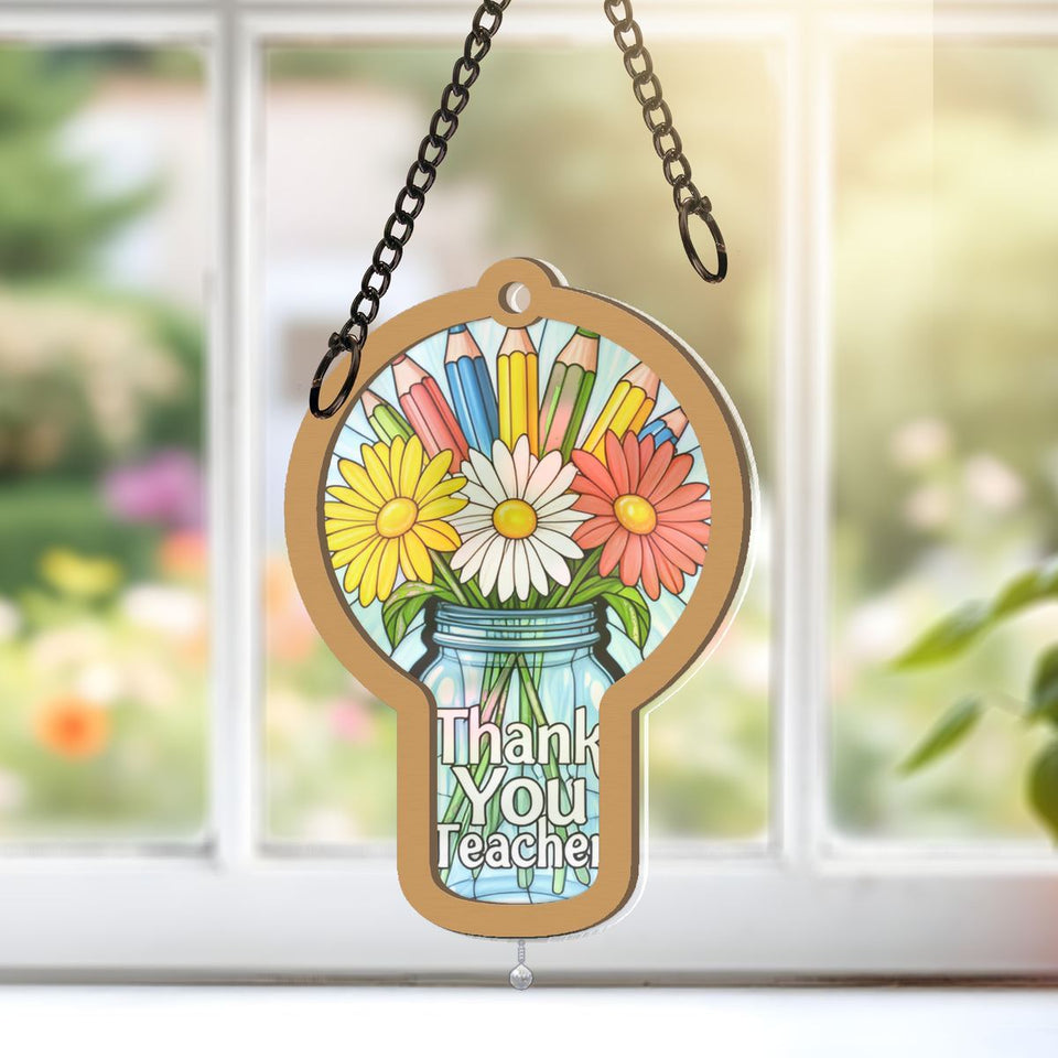 Teacher Flower Jar Circle Window Hanging Suncatcher with teardrop crystal
