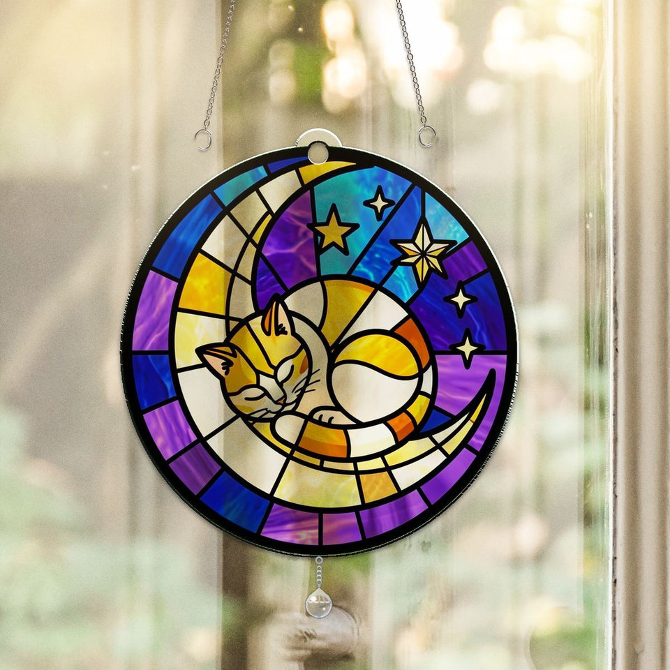Sleeping Cat Crescent Window Acrylic Suncatcher with teardrop crystal