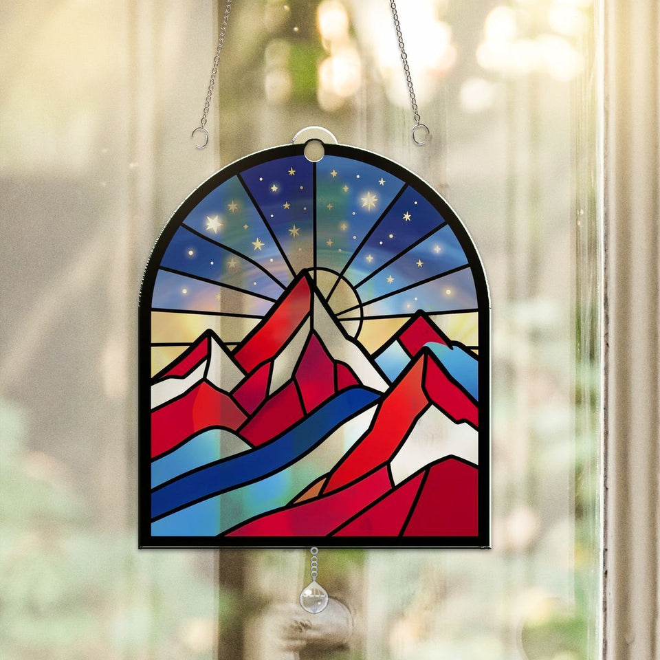 Patriotic Mountain Arch Acrylic Suncatcher with teardrop crystal