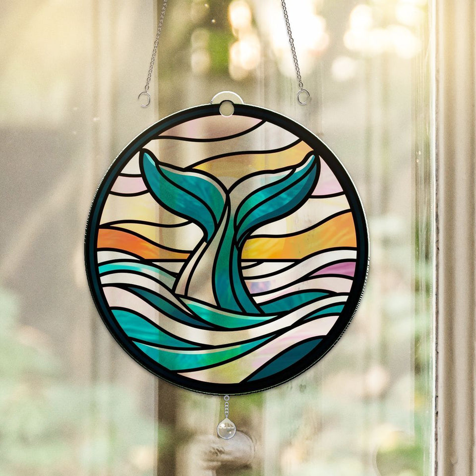 Humpback Whale Tail Circle Acrylic Suncatcher with teardrop crystal