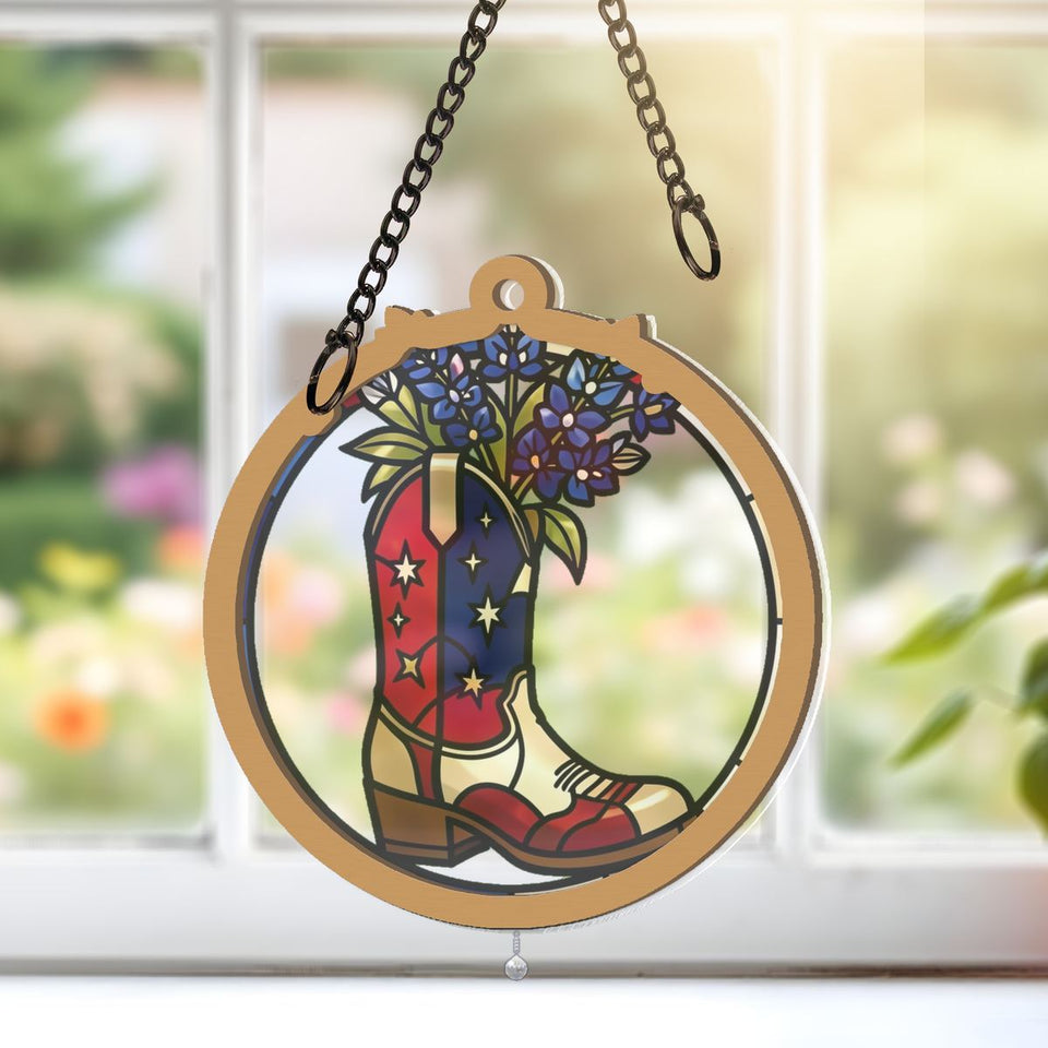 Americana Cowboy Boot Circle Window Hanging Suncatcher with teardrop crystal