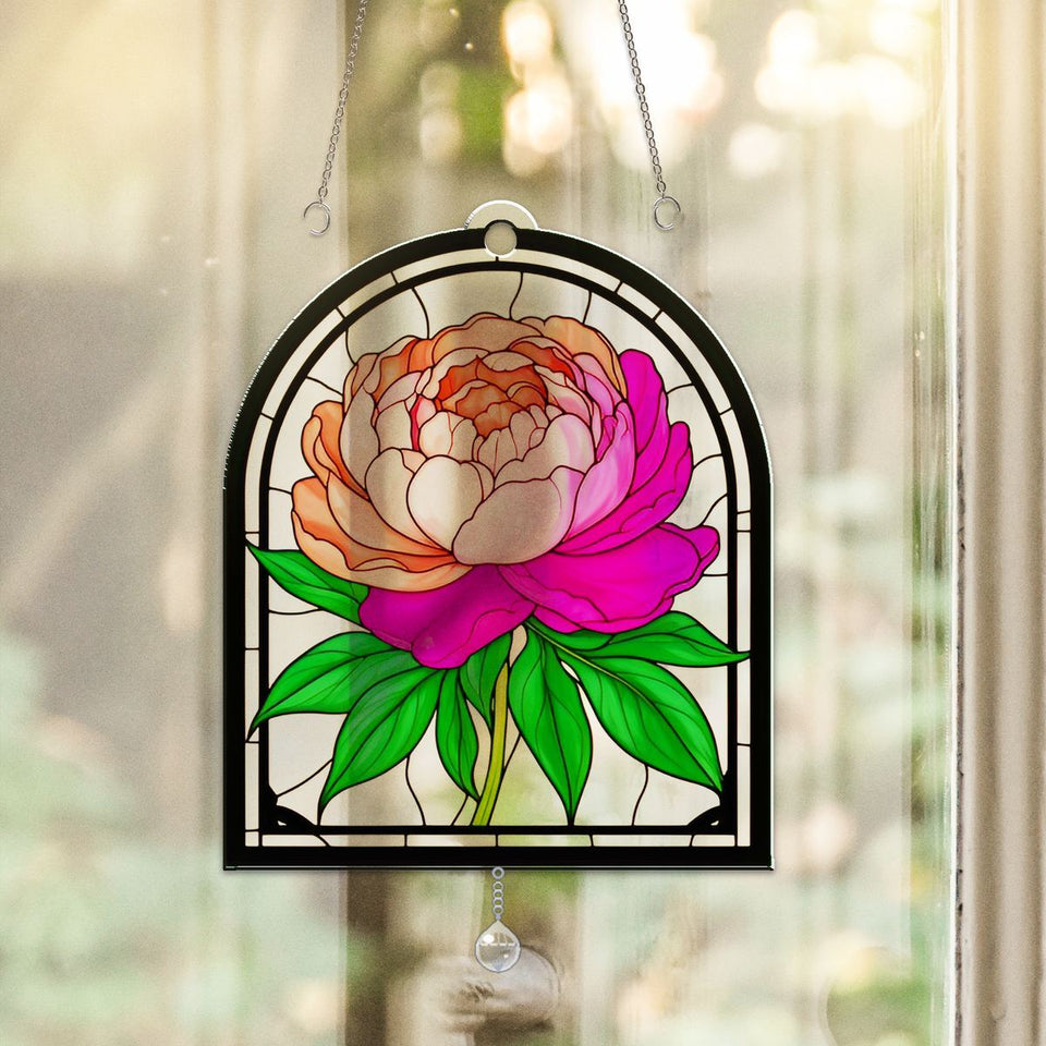 Peony Bloom Arch Acrylic Suncatcher with teardrop crystal