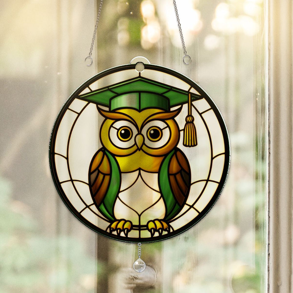 Wise Owl Graduation Cap Acrylic Suncatcher with teardrop crystal
