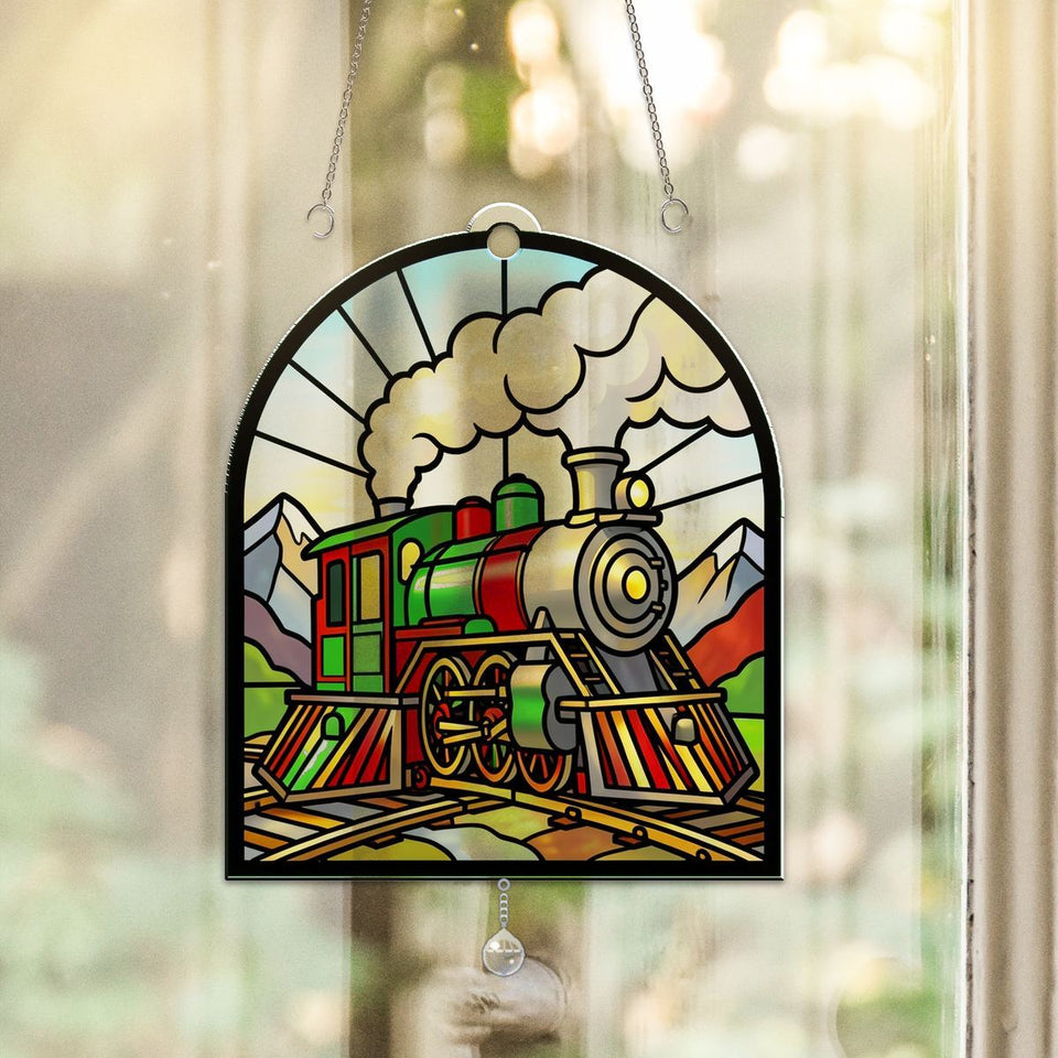 Vintage Steam Train Arch Acrylic Suncatcher with teardrop crystal