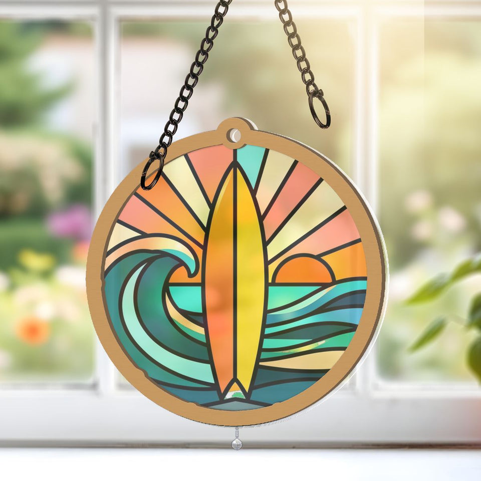 Surfboard Wave Sunset Circle Window Hanging Suncatcher with teardrop crystal