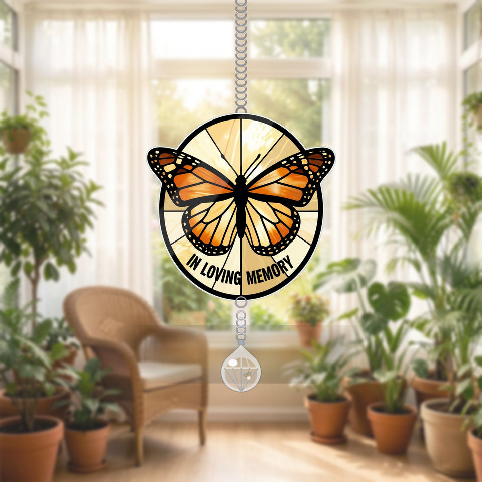 Monarch Butterfly Memorial Acrylic Suncatcher with teardrop crystal