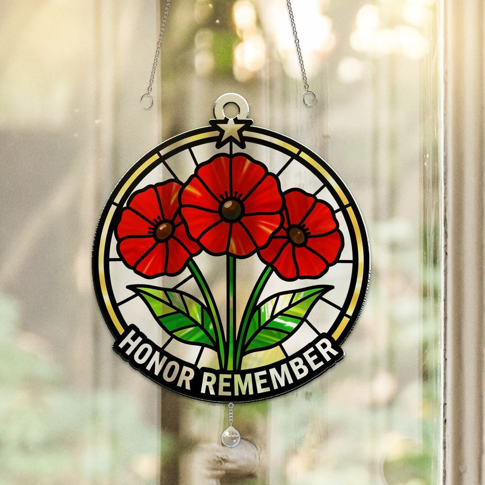 Red Poppy Veterans Circle Acrylic Suncatcher with teardrop crystal
