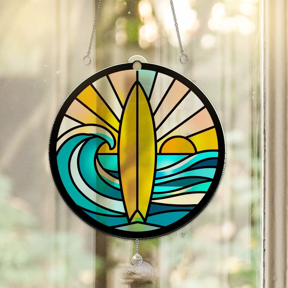 Surfboard Wave Sunset Circle Acrylic Suncatcher with teardrop crystal